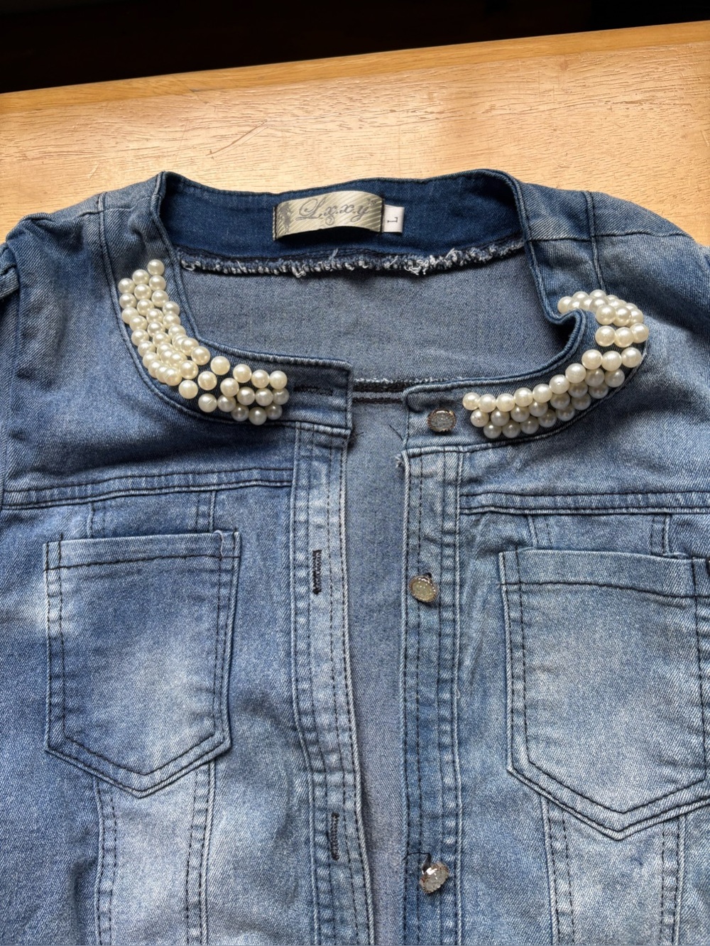 Lucy Light Blue Denim Jacket with Pearl-Embellished Collar